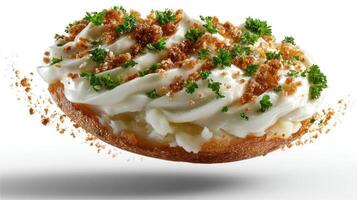 Floating bread dish with cream and herbs. photo