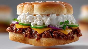 Close-up of a delicious beef burger with fresh toppings. photo