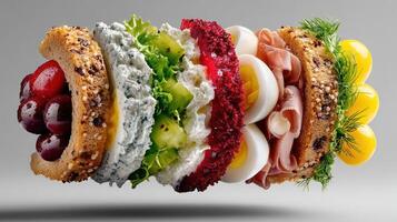 Stacked sandwich with cheese, greens, eggs, and cured meats. photo