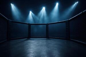 Empty MMA octagon cage in a dark arena with bright spotlights photo