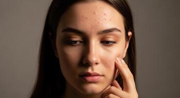 Young woman with visible acne on forehead and cheeks, looking down, touching her face photo