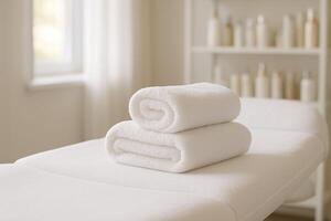 Clean white towels on a professional spa treatment bed in a bright, relaxing room. photo