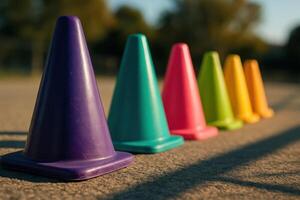 Colorful plastic training cones lined up on concrete, vibrant sport equipment photo