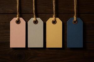 Four blank rustic paper tags in pastel colors hanging on natural twine against dark wood photo