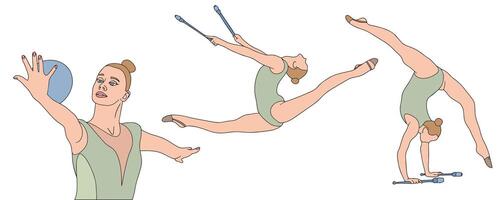 Talented young gymnasts perform impressive routines with grace and skill, demonstrating their dedication and passion for the sport. vector