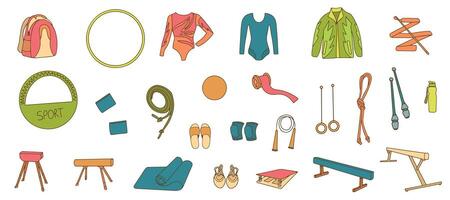 Hand drawn collection of sports equipment and clothing for gymnastics. Set of colorful objects. Illustration with sport icons . Decorative elements of rhythmic gymnastics. vector