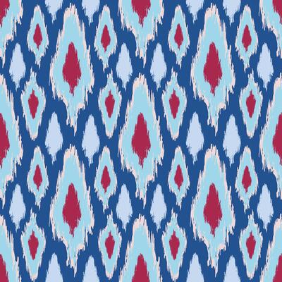 Seamless Diamond Ikat Pattern in Blue and Red. Repeat abstract boho design. Ethnic wallpaper.