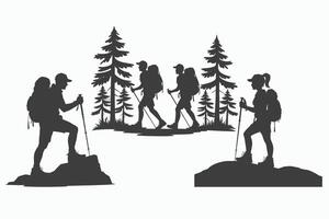 Hikers with backpacks and trekking poles walking through trees silhouette isolated on white background vector