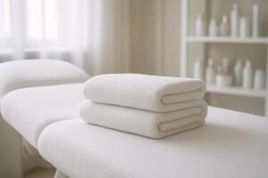Pristine white treatment bed with neatly folded towels in a bright, clean spa room photo