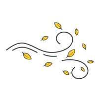 Windy weather color icon. Autumn season meteo forecast, meteorology. Wind speed and strength prediction. Cool breeze with leaves isolated vector