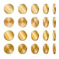 Golden coin, realistic rotate set. Animation front, side view fly. 3d money game casino cash rain. Jackpot spin render. Gamble slot trophy. Empty circle medal mockup. Trophy perspective vector