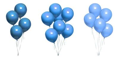 3d blue balloon bunch float, minimal happy birthday gift. realistic mockup on white bg, Party mid air decor, isolated invitation design element. Anniversary round decoration balls, bday glossy vector