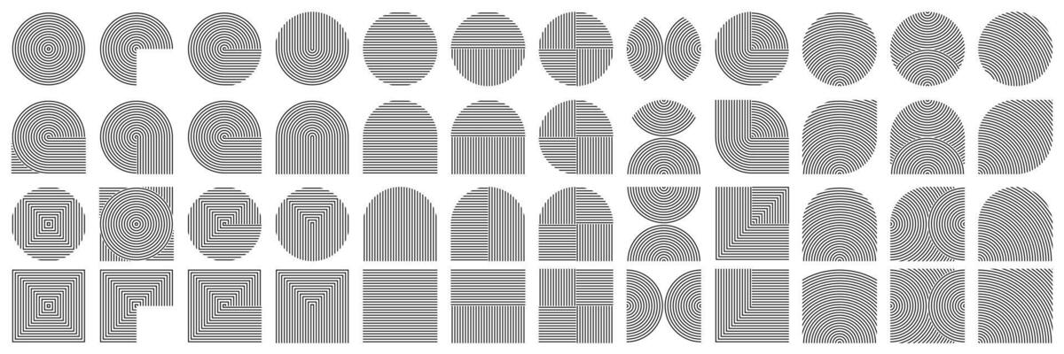 Concentric circle line pattern logo, abstract art deco square, endless spiral arch. Undulate curve shape, Japanese music oval, geometric orient home modern decor. Retro cover grid, Zen wave rainbow