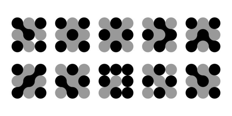 Atom dot, connected in molecule structure pattern. Abstract circle shapes, collagen liquid drops. Medical tech metaball cells. Wavy merge fluid arrow, laboratory symbol. Dividing blob circuit cross