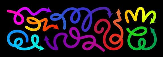 Arrow gradient, squiggly gradient line set. Curved carnival change icon. Rise pattern, doodle shape brush element. 3d dynamic multi colored curly loop spiral strokes. Abstract twirl bold paint vector