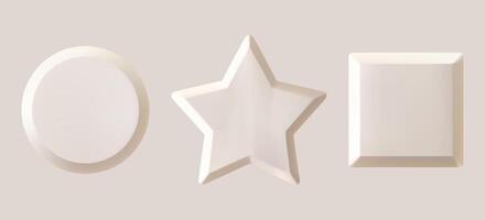 Round square star frame 3d embossed shapes. Photo frame beige set, mock up. 3d isolated modern neumorphic button layout template. Realistic shadow render podium top view. Pastel relief platform vector