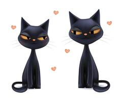 Magic cats couple in love, 3d Halloween devil cute characters. Black friday 13th, valentine animal card. Girl kitty smiling, funny sitting sticker. Heart shape flying in white bg, adorable sight vector