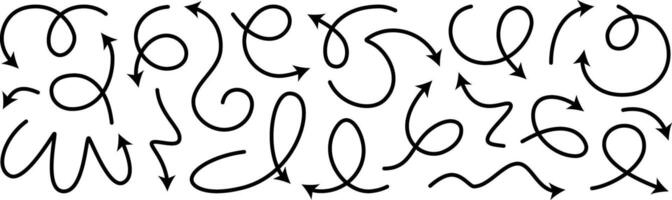 Arrow line set. Curved doodle brush element arow. Squiggly scribble direction up down abstract pointer. Change plan abstract stroke graphic sign. Curly circle looped spiral swirl map path vector