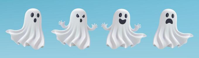 Halloween ghost 3d emoji set. Flying spirit character in white sheets with cute face, smiling or sad. Scary boo sticker render. Fun monster creepy fear. Minimal evil crafted cosplay. Trick or treat vector