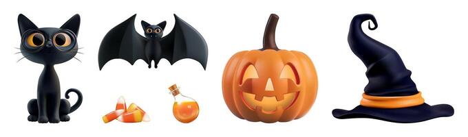 Black cat, bat, pumpkin, and witch's hat vector