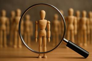 Magnifying glass highlighting a single wooden human figure among a blurred crowd, symbolizing selection. photo