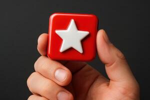 Hand holding a glossy red square icon with a white star symbol photo