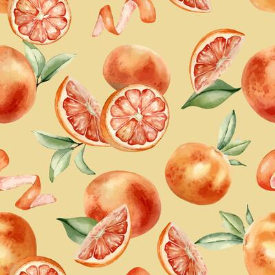 Watercolor seamless pattern Grapefruits with leaves isolated. Juicy summer seamless background of segments ripe citrus and orange peel twist hand drawn. Citrus repeated texture with red oranges