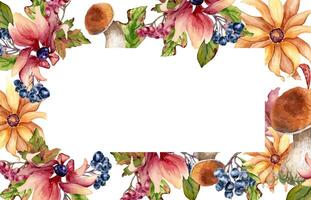 Floral border with mushrooms and berries vector