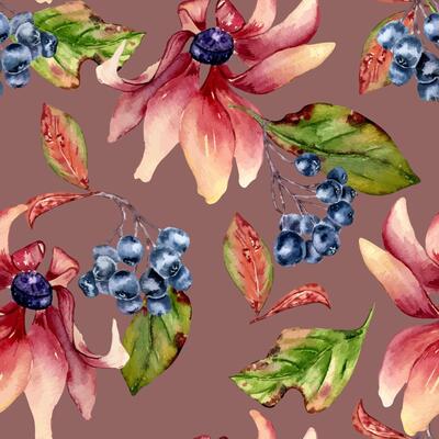 Seamless watercolor pattern of clusters black chokeberries, green leaves and pink flowers isolated. Botanical background for textile, seasonal design. Hand painted floral vibrant autumn texture.