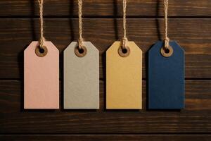Colorful blank rustic paper tags hanging on twine against dark wooden background photo