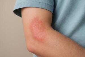 Red, irritated skin rash on a man inner elbow, showing dry and scaly texture photo