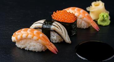 Sushi with shrimp and vegetables on a black background photo
