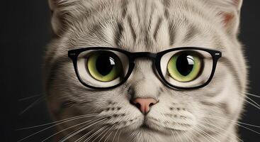 A cat wearing glasses and looking at the camera photo