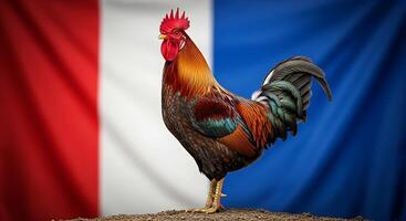 A rooster stands in front of the french flag photo