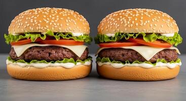 Two hamburgers with cheese and lettuce on them photo