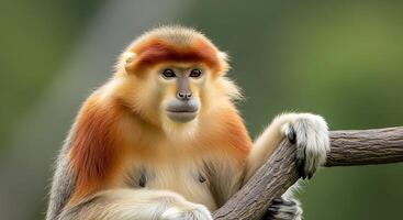 A monkey with a red head and orange body photo