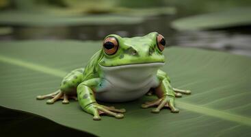 A frog sitting on a leaf in front of a pond photo
