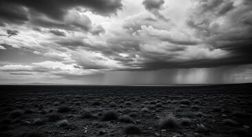 Black and white photo of storm clouds over a desert