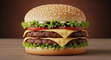A large hamburger on a wooden table photo