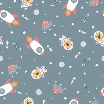 Seamless print with spaceships, planets, stars, rockets and capybara astronaut vector