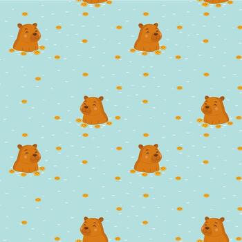Seamless pattern with funny capybaras with sea and slice oranges vector
