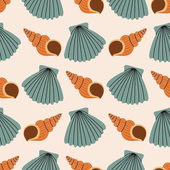 sin costura modelo con mar cáscara en polca punto orden en dibujos animados plano estilo. vector