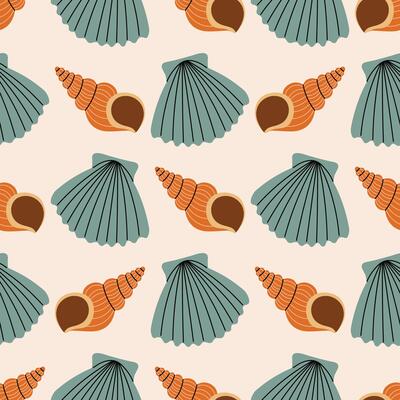 Seamless pattern with sea shell in polka dot order in cartoon flat style.