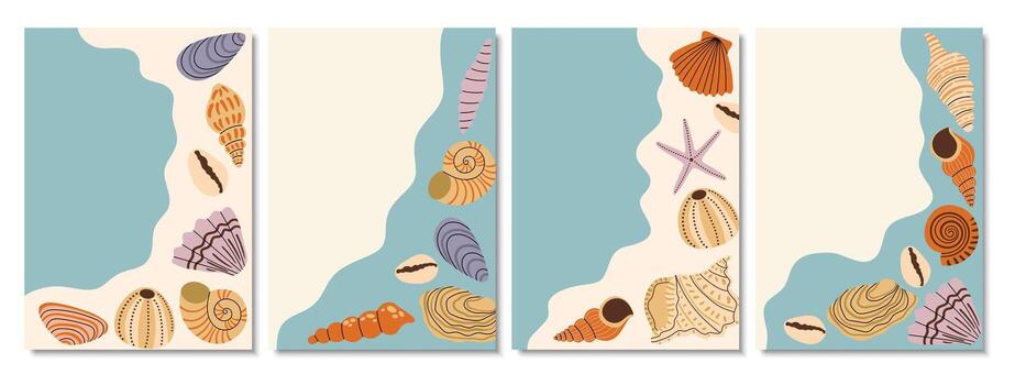 Set of four posters with different sea shell and liquid blob frame in flat cartoon style. vector
