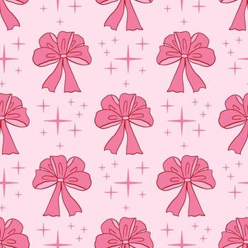 Seamless pattern in coquette hand-drawn style with pink background, ribbon bow, and tiny star in polka dot layout. vector