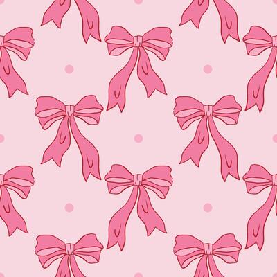 Pink seamless pattern with ribbon bow and tiny dot in polka dot order in hand-drawn coquette style.