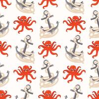 red octopus and anchor pattern vector