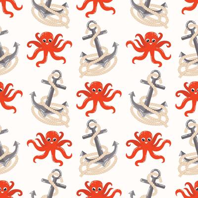 Seamless pattern with cute kawaii red octopus and sea anchor in polka dot order in flat cartoon style.