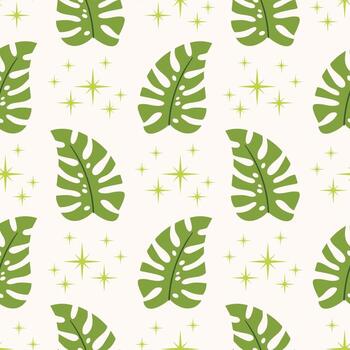 Seamless pattern with monstera leaf and tiny star in polka dot order in flat cartoon style. vector