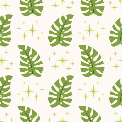 Seamless pattern with monstera leaf and tiny star in polka dot order in flat cartoon style.